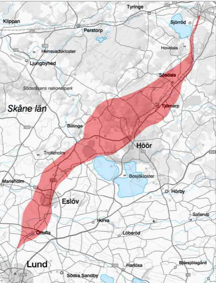 Kartbild som visar var i Sk&aring;ne de nya j&auml;rnv&auml;gssp&aring;ren &auml;r planerade.
