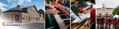 Fyra bilder som förställer kulturskolan och verksamheter, piano, konst och dans