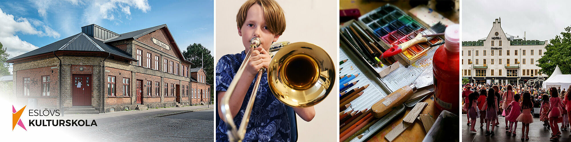 Fyra bilder som förställer kulturskolan och verksamheter, piano, konst och dans