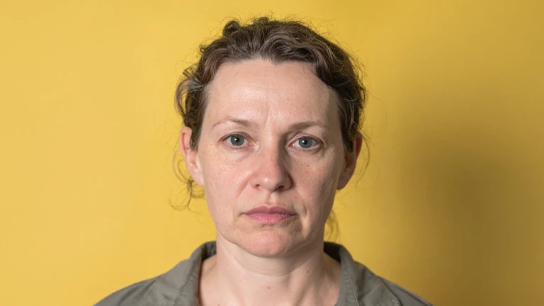 En person står framför en gul bakgrund. Personen har mörkt lockigt hår och bär en grå skjorta.