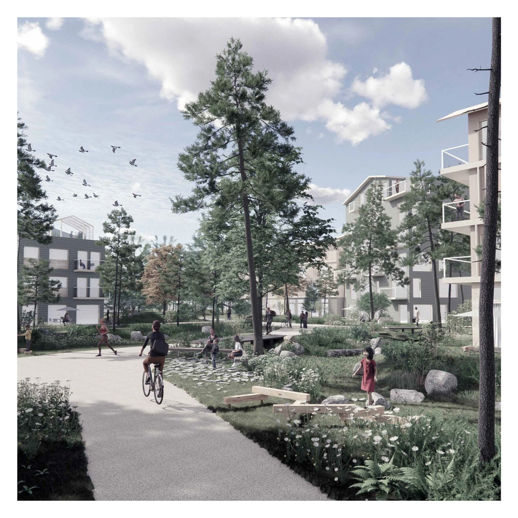 En illustration av hus och park i det framtida bostadsområdet