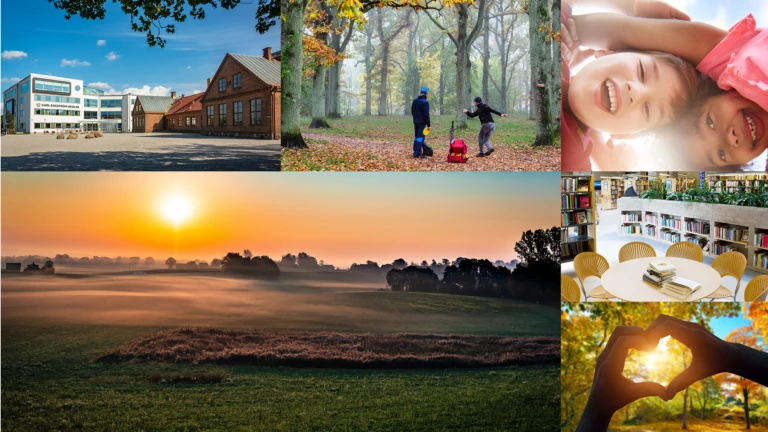 Sex olika bilder från Eslövs kommun. Överst från vänster: Carl Engströmskolan, man och kvinna spelar frisbee i Trollsjön under hösten, två glada barn tittar neråt. Nederst från vänster: soluppgång på landet, stolar runt ett bord på bibliotek, två händer som formar ett hjärta med en sol i hjärtat.