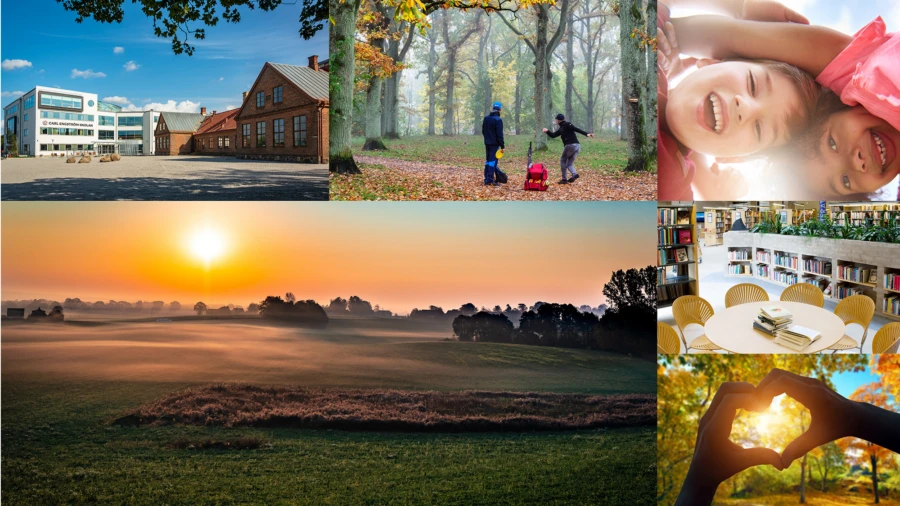 Sex olika bilder fr&aring;n Esl&ouml;vs kommun. &Ouml;verst fr&aring;n v&auml;nster: Carl Engstr&ouml;mskolan, man och kvinna spelar frisbee i Trollsj&ouml;n under h&ouml;sten, tv&aring; glada barn tittar ner&aring;t. Nederst fr&aring;n v&auml;nster: soluppg&aring;ng p&aring; landet, stolar runt ett bord p&aring; bibliotek, tv&aring; h&auml;nder som formar ett hj&auml;rta med en sol i hj&auml;rtat.
