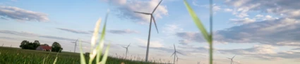 Vindkraftverk i ett öppet jordbrukslandskap med högt gräs och en gård i bakgrunden.