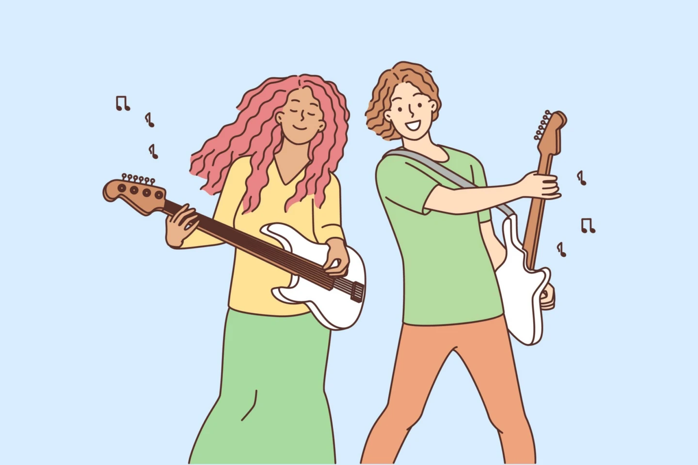 Illustrerad bild av en kille och en tjej som spelar på vars en elgitarr