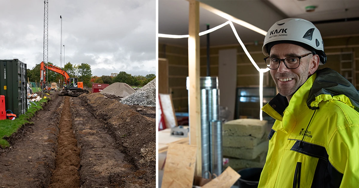 Grävmaskin och Mattias Lindbro, byggprojektledare för Husarängen