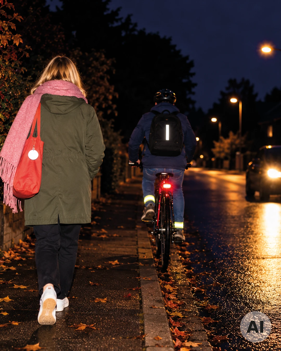 En kvinna med reflex går i mörkret och där är även en cyklist.