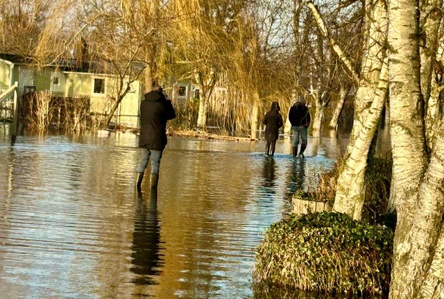 Översvämmad gata, Tre personer iklädda mörka kläder vadar genom vattnet. Träd i förgrunden, hus i bakgrunden, liksom träd och buskar.