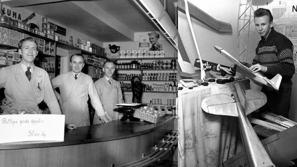 Från K.G Pressfotos arkiv. Fotot till vänster visar affärsbiträden bakom disk, 1940-tal. Fotot till höger är taget på 50-talet och visar Göran Ax som ung. Göran blev senare världsmästare i segelflygning. 