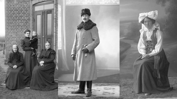 Bilden till vänster är troligtvis från början av 1900-talet och föreställer antagligen fyra generationer. Mannen i mitten är konstapel Kristoffersson och damen till höger är fröken Ingeborg Göransson från Marieholm. Föjers arkiv.