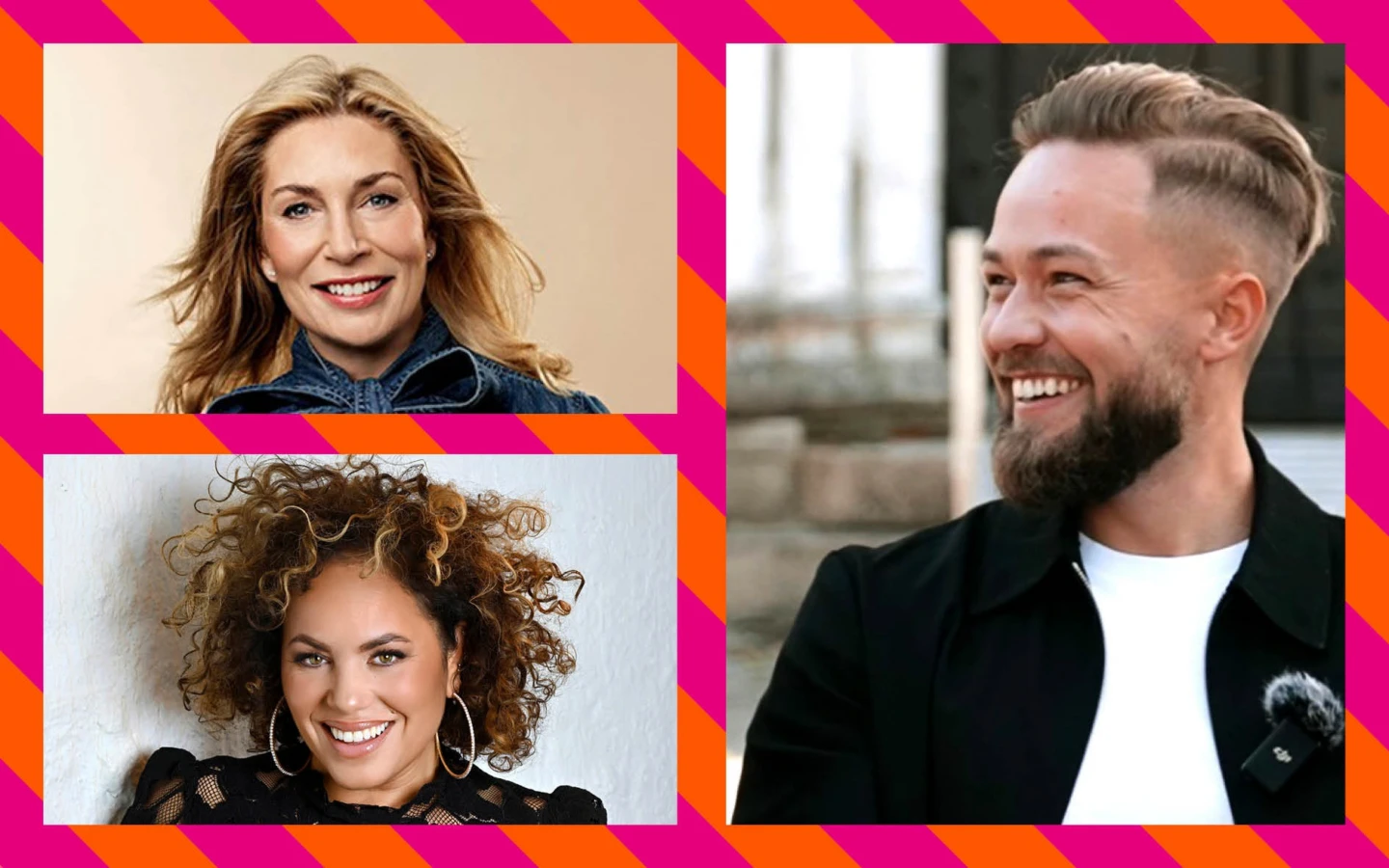 Porträttcollage med tre artister som uppträder på Eslövs kommuns prisgala: en leende kvinna med långt ljust hår, en kvinna med stort lockigt hår och hoop-örhängen samt en leende man med skägg och kortklippt frisyr. Bilderna ligger mot en rosa och orange randig bakgrund.