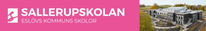 Hero för Sallerupskolan. Rosa bakgrund med texten Sallerupskolan och en bild på skolan ovanifrån.