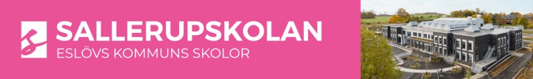 Hero för Sallerupskolan. Rosa bakgrund med texten Sallerupskolan och en bild på skolan ovanifrån.