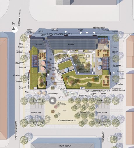 Situationsplan över den nya bebyggelsen på Föreningstorget. Ombyggnaden av torget, som kommunen är huvudman för, är planerad att genomföras efter att kvartersmarken har färdigställts.
