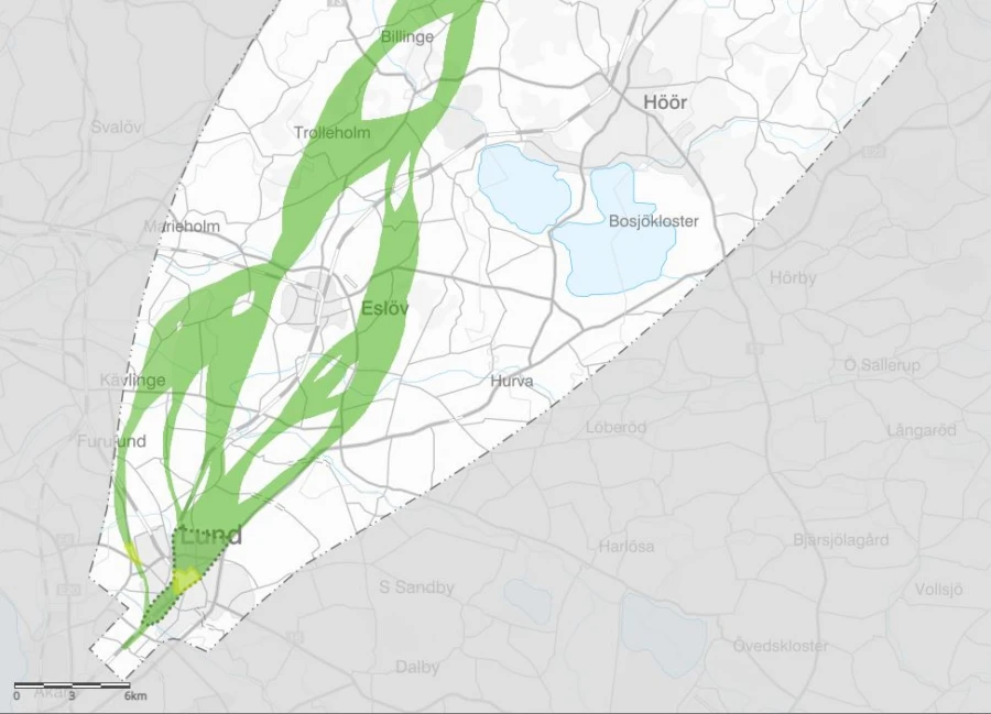 Lokaliseringsalternativen f&ouml;rbi Esl&ouml;vs kommun. F&ouml;rstoring av f&ouml;reg&aring;ende illustration fr&aring;n Trafikverket.