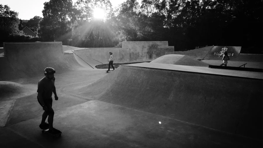 Svartvitt fotografi. Tre personer &aring;ker skateboard i en skatepark. Tr&auml;d i bakgrunden och solen str&aring;lar igenom. 