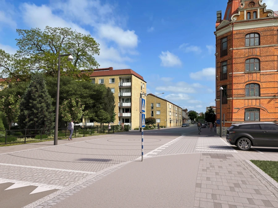 Illustration av g&aring;ng- och cykelv&auml;gen l&auml;ngs S&ouml;dergatan.