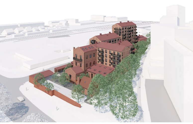 Illustration &ouml;ver det framtida spritfabriksomr&aring;det. Illustration: LINK Arkitektur.