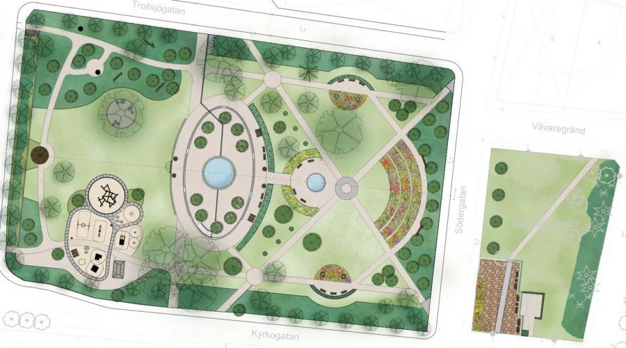 En inspirationsbild av hur stadsparken och Joel Sallius park kan komma att se ut i framtiden.