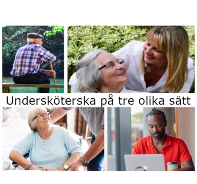 En äldre man, en kvinna som tittar upp på sköterska och en man vid dator