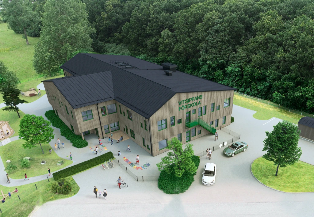 Renderingsbild som visar en förskola uppifrån, intill en skog.